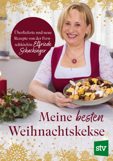 Cover des Buches "Meine besten Weihnachtskekse" mit einer Frau, die einen mit Keksen befüllten Teller hält, daneben ein Adventkranz