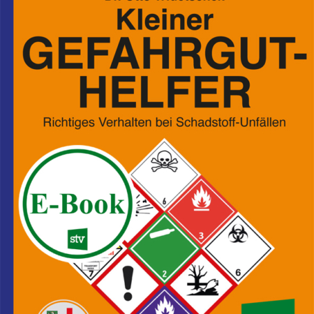 Cover des Buches 'Kleiner Gefahrgut-Helfer' mit verschiedenen Gefahrensymbolen auf orangem Hintergrund
