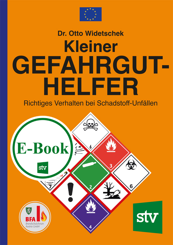 Cover des Buches 'Kleiner Gefahrgut-Helfer' mit verschiedenen Gefahrensymbolen auf orangem Hintergrund