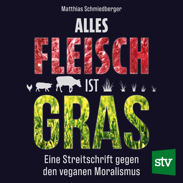 Cover des Hörbuchs "Alles Fleisch ist Gras" mit gemusterter Schrift auf schwarzem Hintergrund