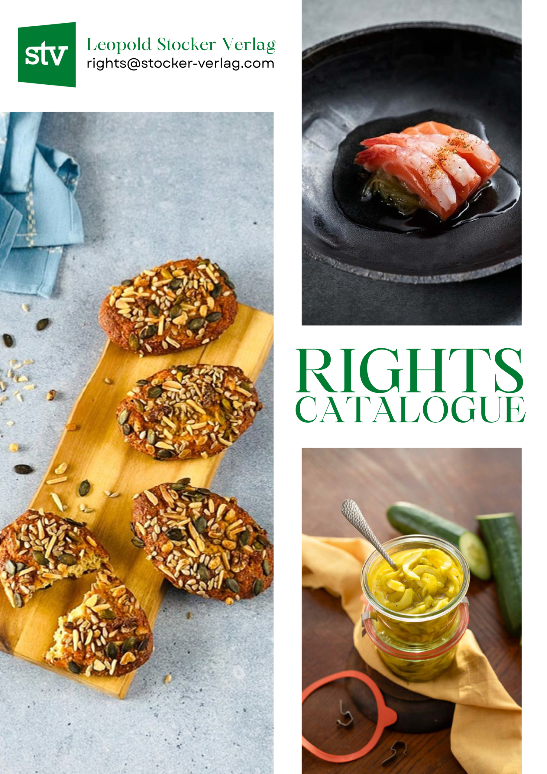 Rights catalogue - Bilder Cover des Leopold Stocker Verlag Lizenzkatalogs mit Bildern von Brötchen, Sashimi und eingelegten Gurken