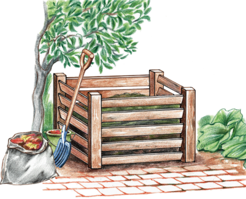 Eine Zeichnung eines Komposthaufens, der von Holz umzäunt ist. Daneben steht ein Baum. Neben dem Komposthaufen steht ein Sack mit Laub und eine Mistgabel, die an den Komposthaufen angelehnt ist.