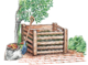 Eine Zeichnung eines Komposthaufens, der von Holz umzäunt ist. Daneben steht ein Baum. Neben dem Komposthaufen steht ein Sack mit Laub und eine Mistgabel, die an den Komposthaufen angelehnt ist.